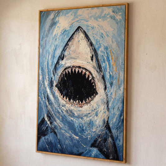 Great White Shark Close-Up Canvas Art, Underwater Portrait shown in white oak floating frame