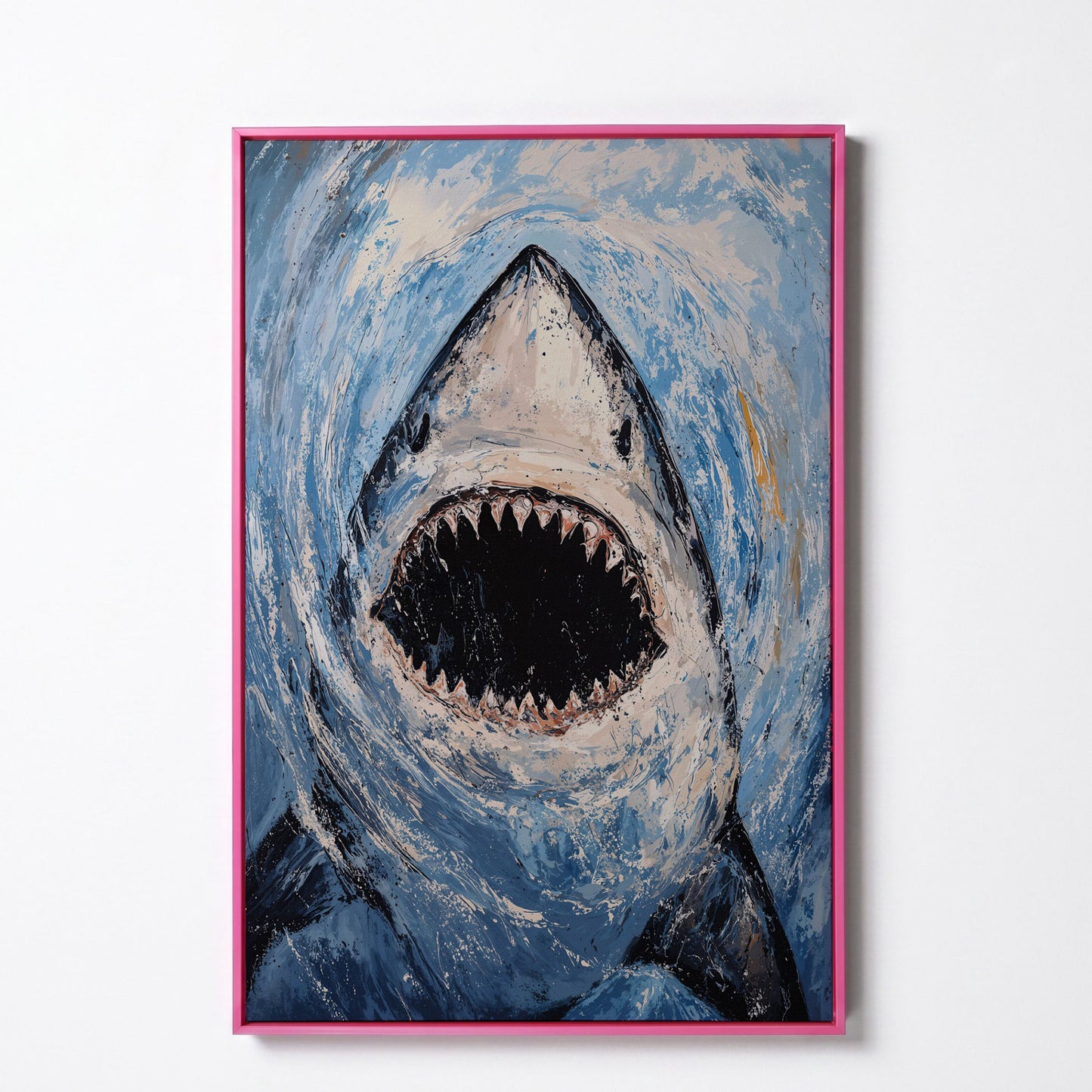 Great White Shark Close-Up Canvas Art, Underwater Portrait in pink floating frame