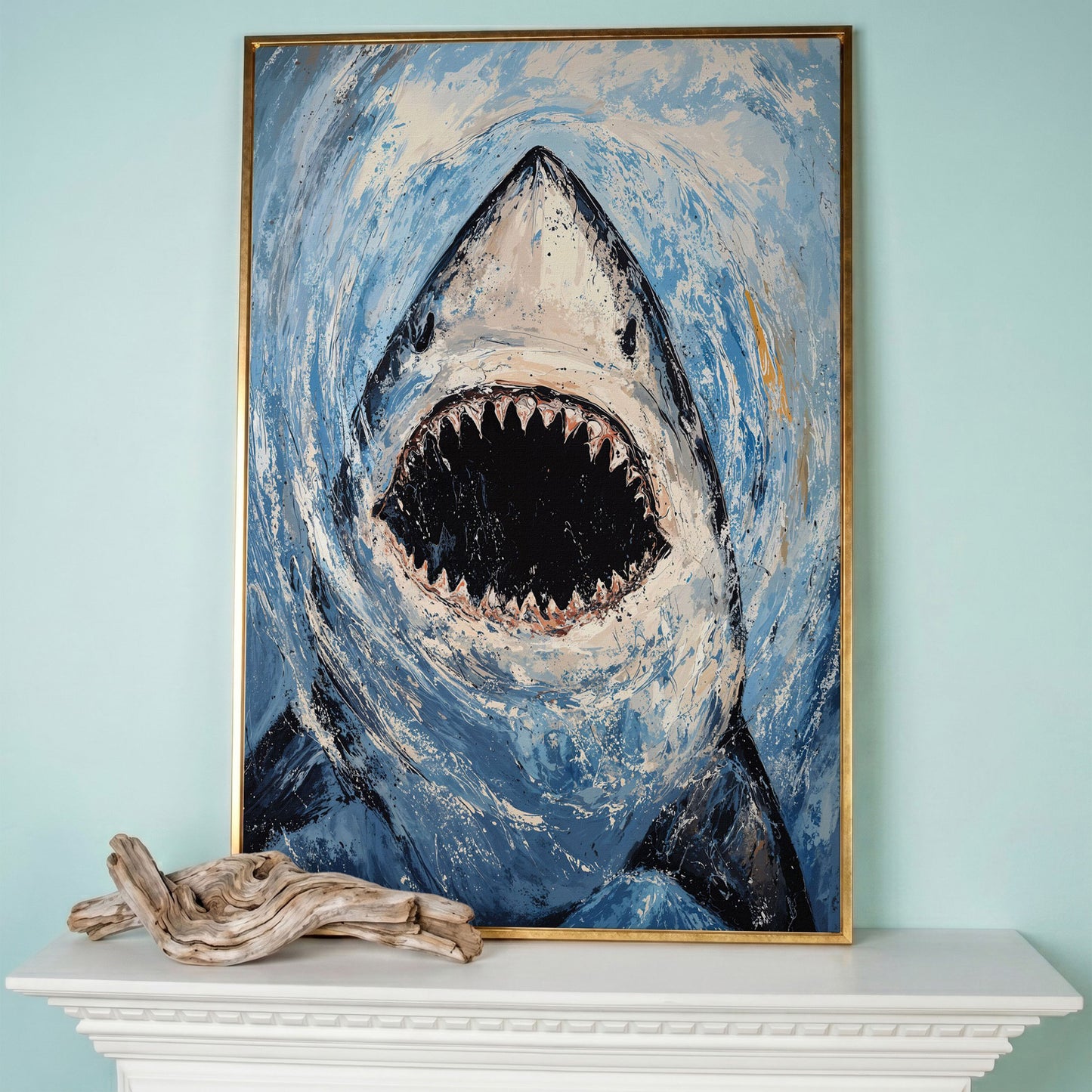 Great White Shark Close-Up Canvas Art, Underwater Portrait in rose gold floating frame