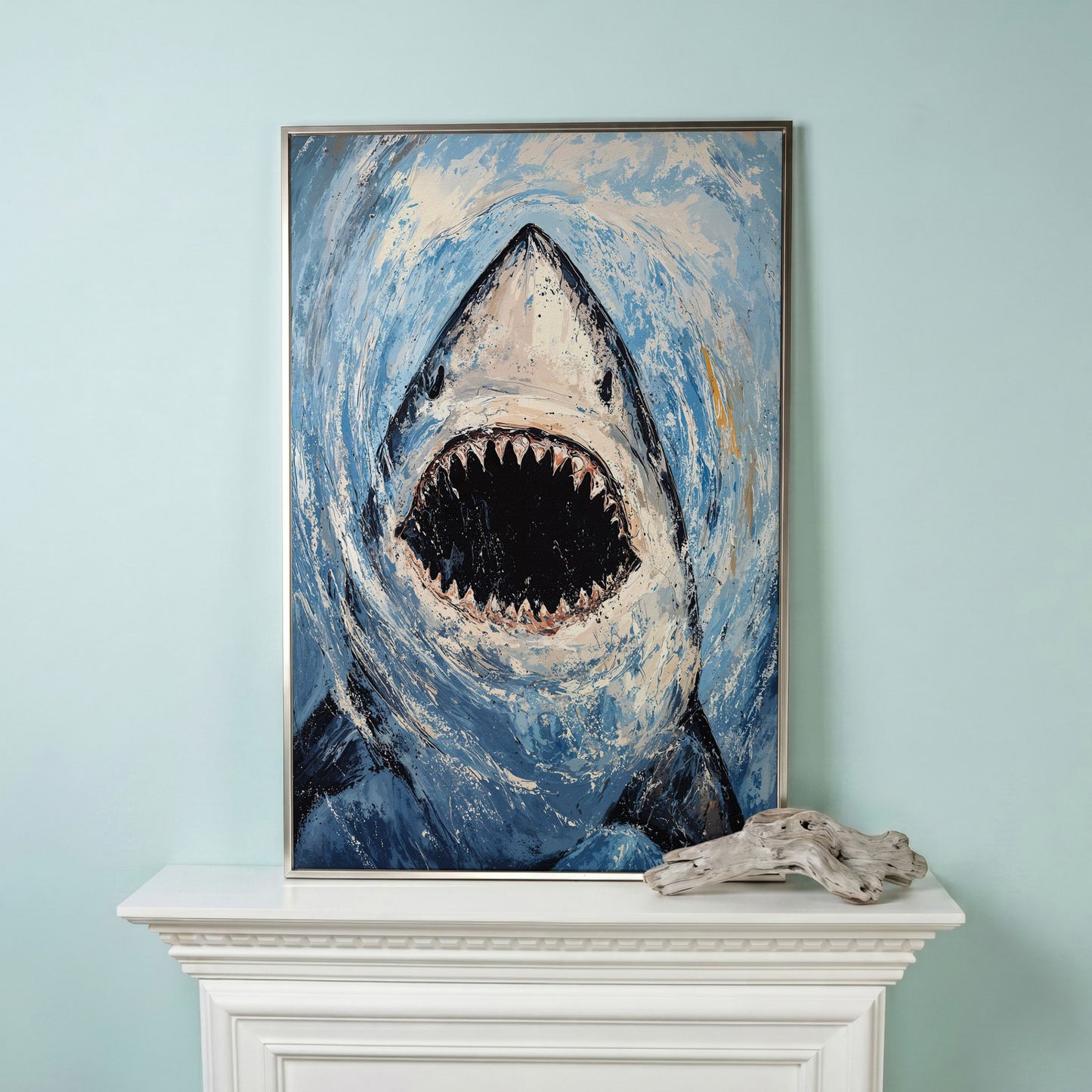 Great White Shark Close-Up Canvas Art, Underwater Portrait in silver floating frame