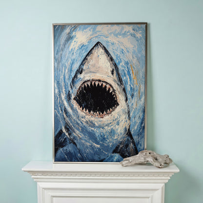 Great White Shark Close-Up Canvas Art, Underwater Portrait in silver floating frame
