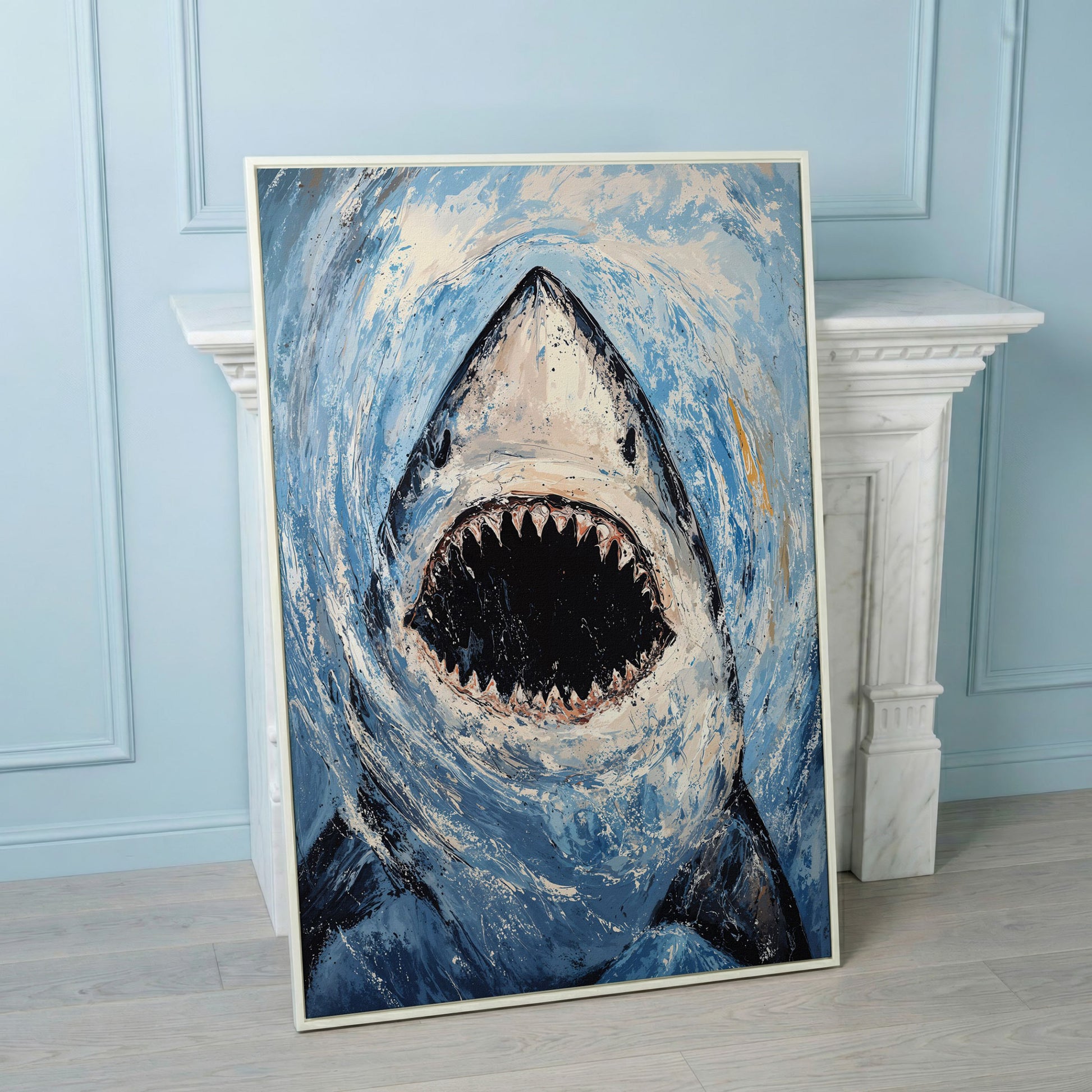Great White Shark Close-Up Canvas Art, Underwater Portrait in white floating frame