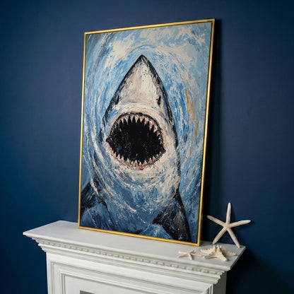 Great White Shark Close-Up Canvas Art, Underwater Portrait in yellow gold floating frame