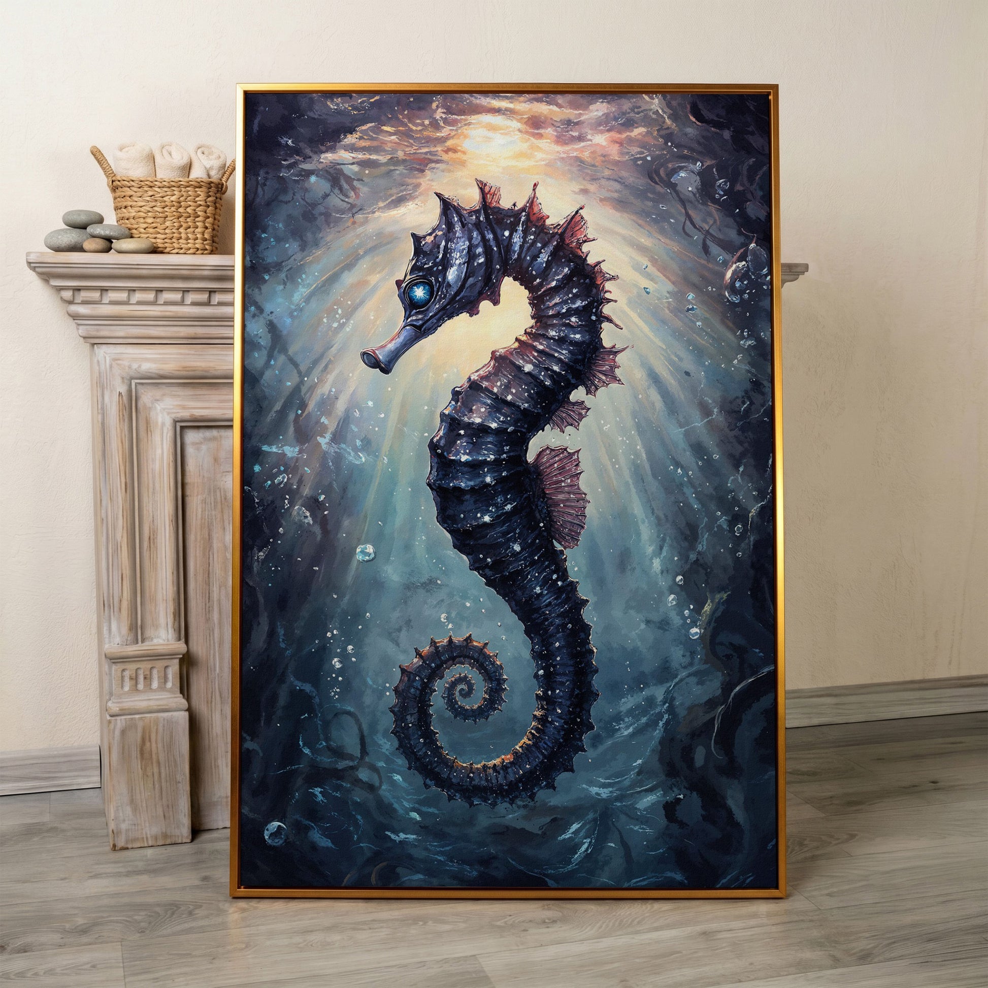 Seahorse in Ocean Light Canvas Wall Art in antique gold floating frame