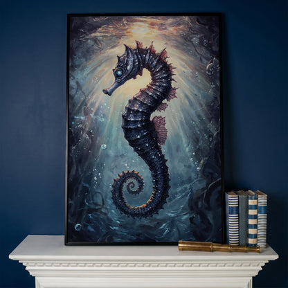 Seahorse in Ocean Light Canvas Wall Art in black floating frame