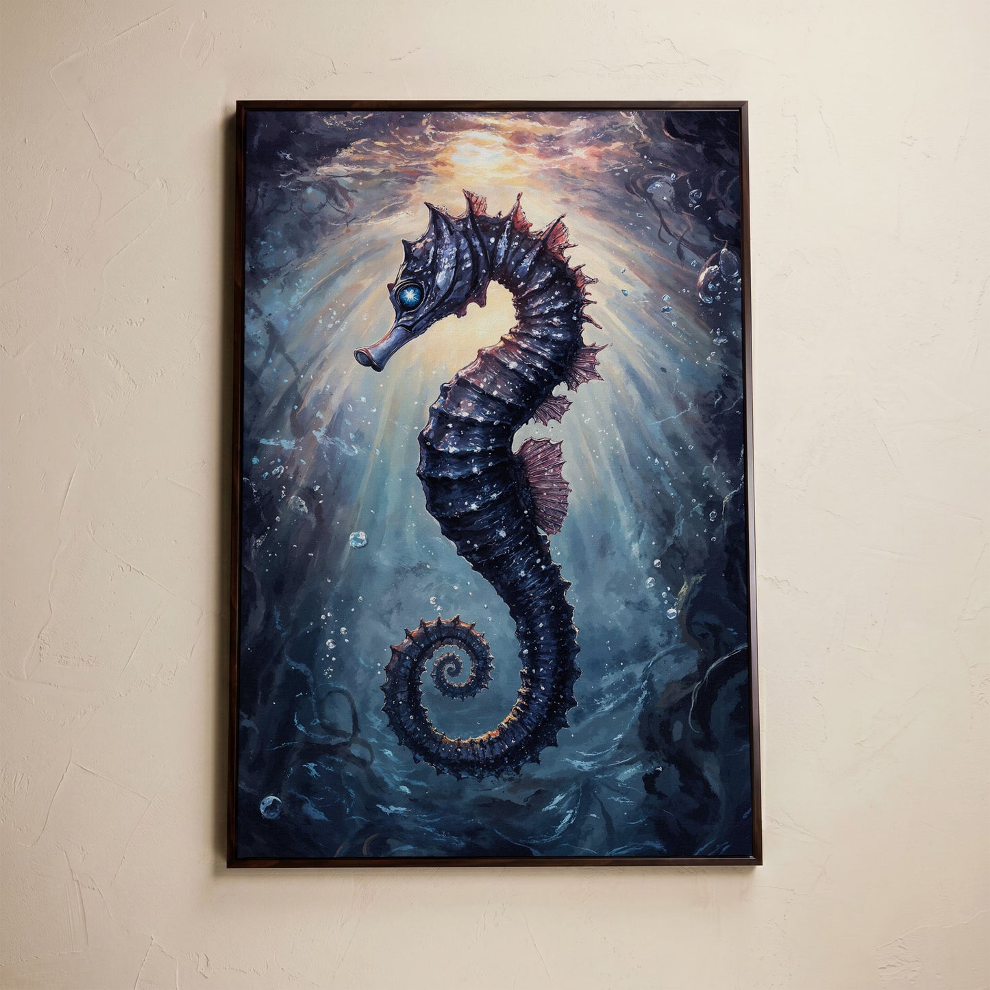 Seahorse in Ocean Light Canvas Wall Art in dark walnut floating frame