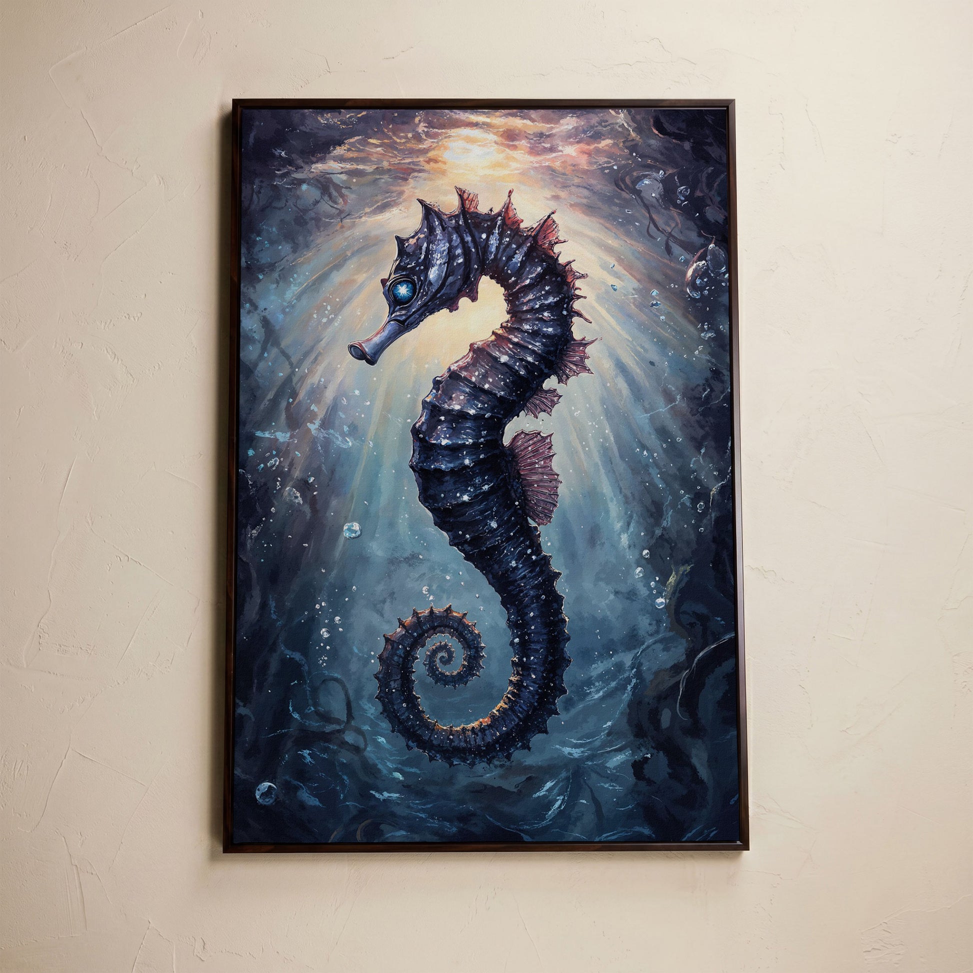 Seahorse in Ocean Light Canvas Wall Art in dark walnut floating frame