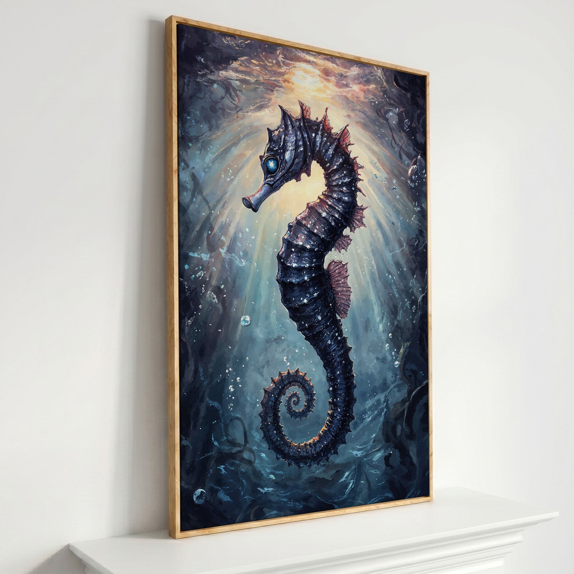 Seahorse in Ocean Light Canvas Wall Art in white oak floating frame