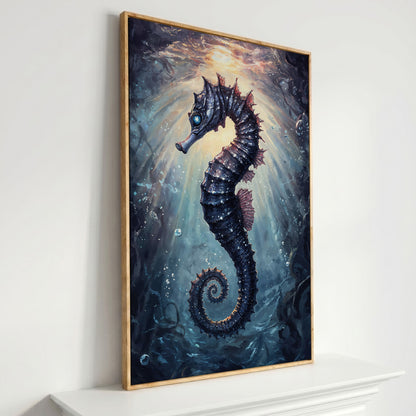 Seahorse in Ocean Light Canvas Wall Art in white oak floating frame