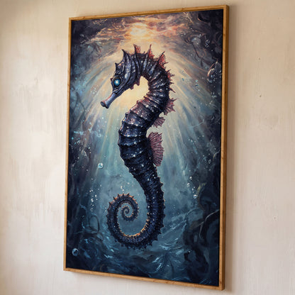 Seahorse in Ocean Light Canvas Wall Art shown in white oak floating frame