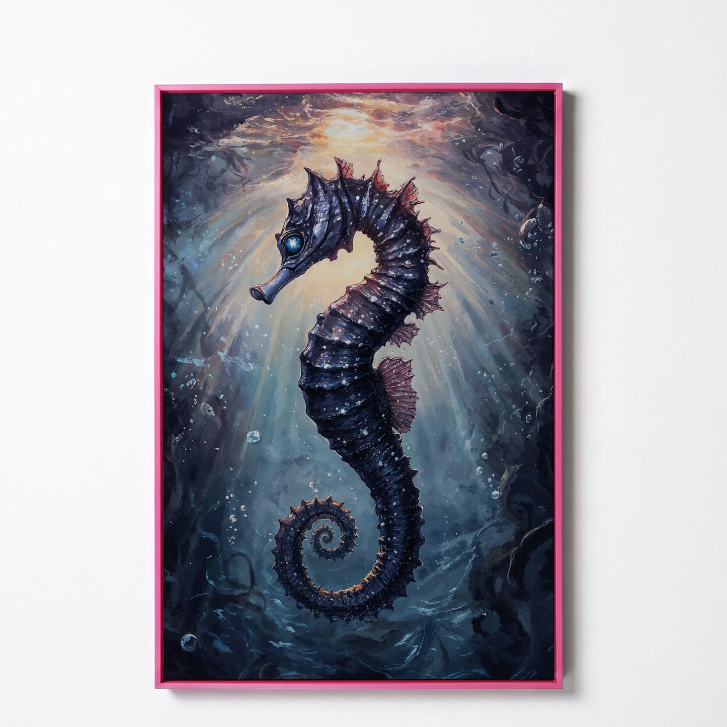 Seahorse in Ocean Light Canvas Wall Art in pink floating frame