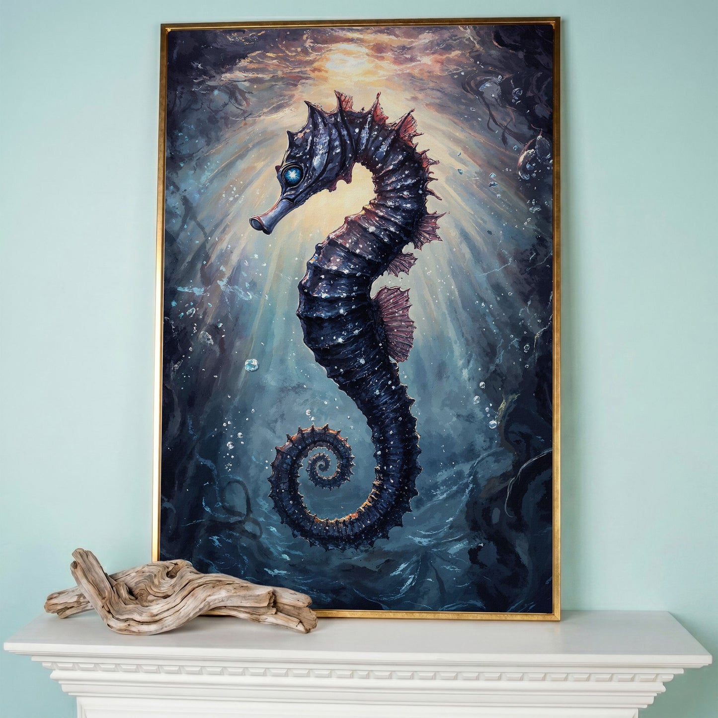 Seahorse in Ocean Light Canvas Wall Art in rose gold floating frame