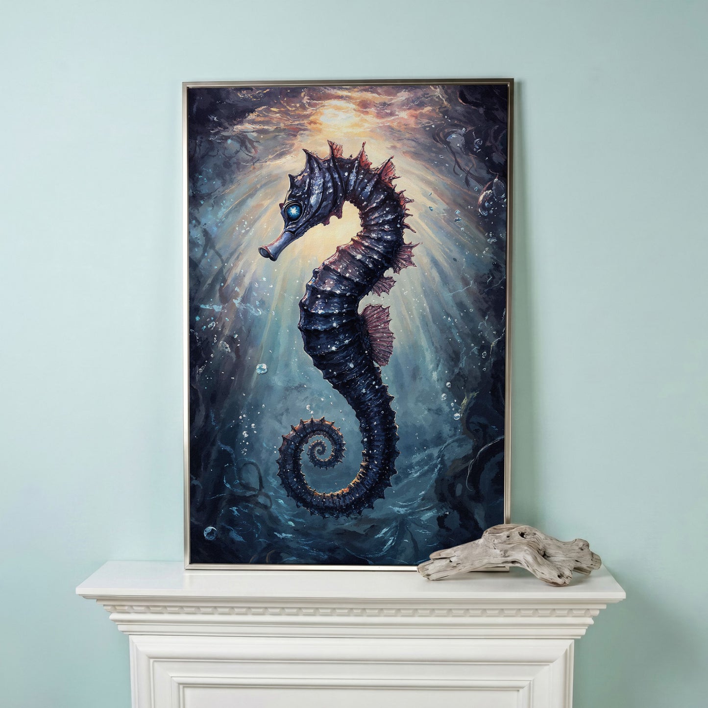 Seahorse in Ocean Light Canvas Wall Art in silver floating frame