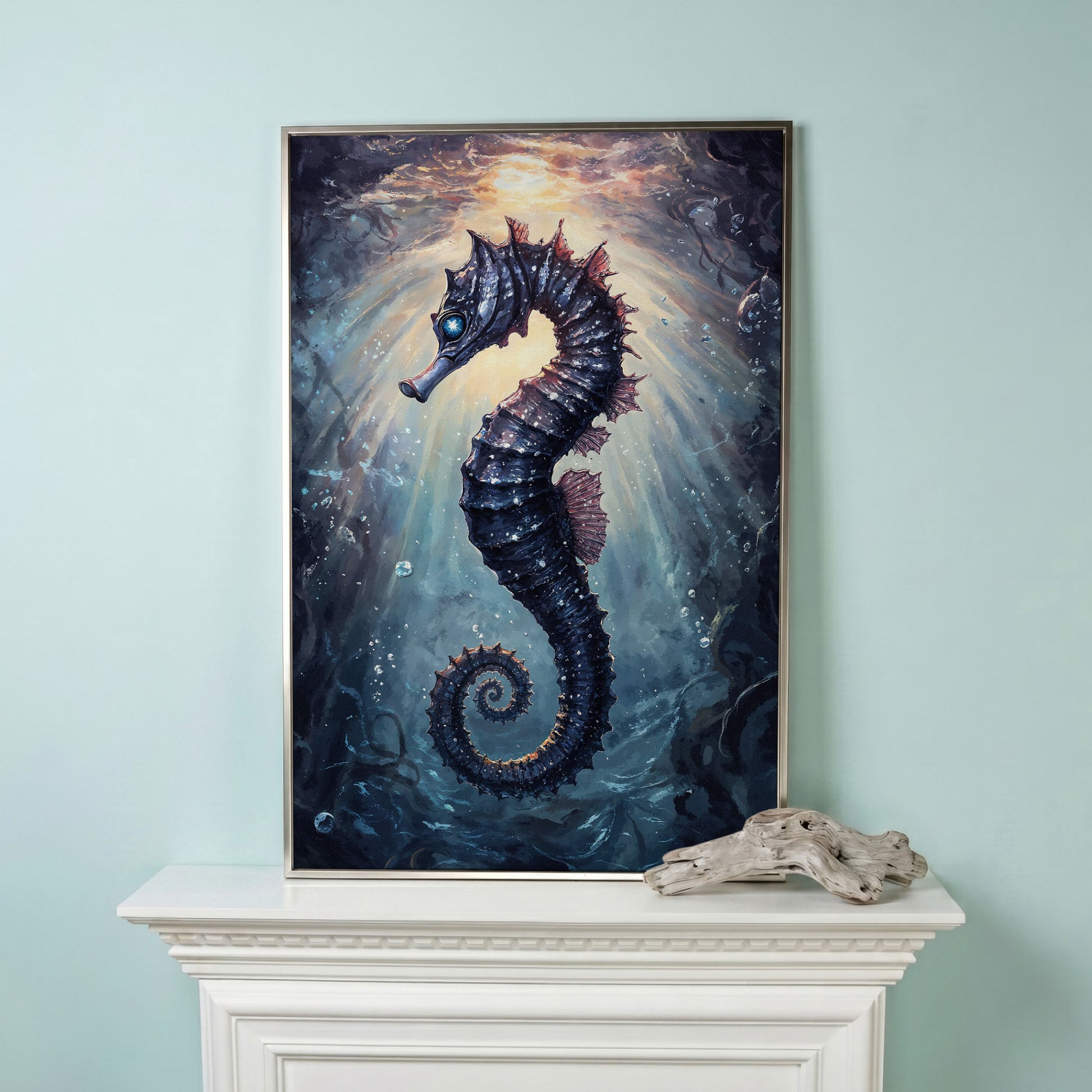 Seahorse in Ocean Light Canvas Wall Art in silver floating frame
