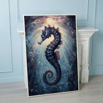 Seahorse in Ocean Light Canvas Wall Art in white floating frame