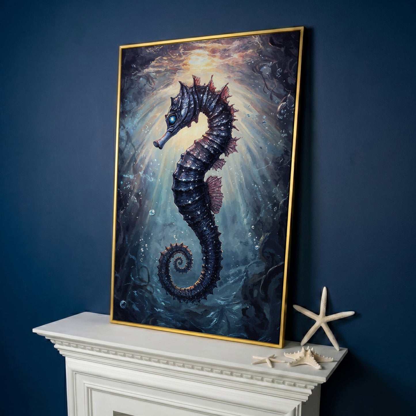 Seahorse in Ocean Light Canvas Wall Art in yellow gold floating frame