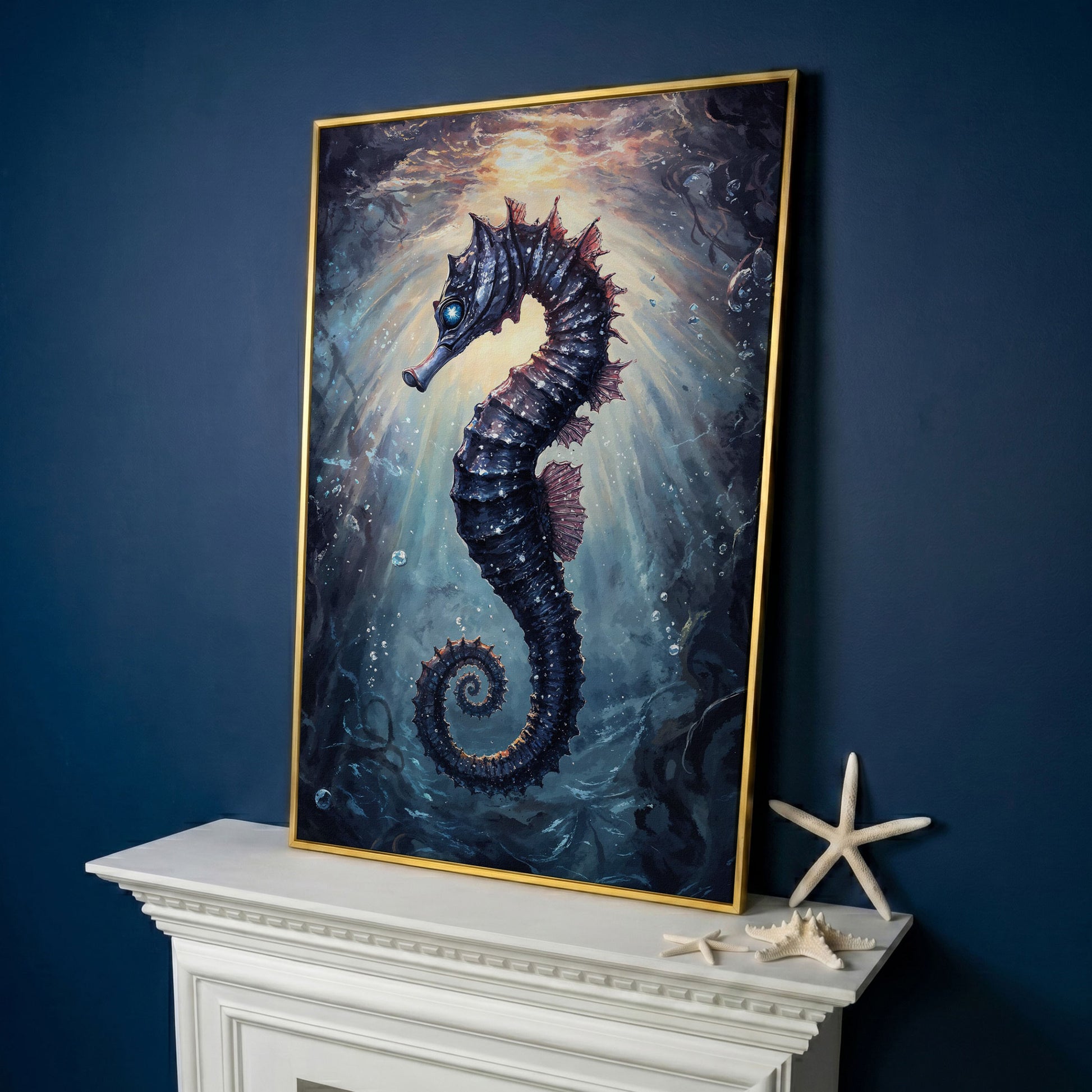 Seahorse in Ocean Light Canvas Wall Art in yellow gold floating frame