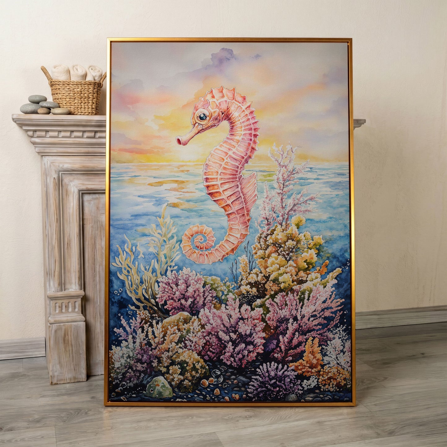 Pink Seahorse and Coral Reef Canvas Wall Art in antique gold floating frame