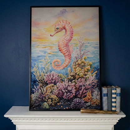 Pink Seahorse and Coral Reef Canvas Wall Art in black floating frame