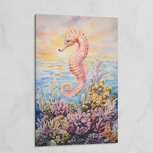 Pink Seahorse and Coral Reef Canvas Wall Art on gallery wrap