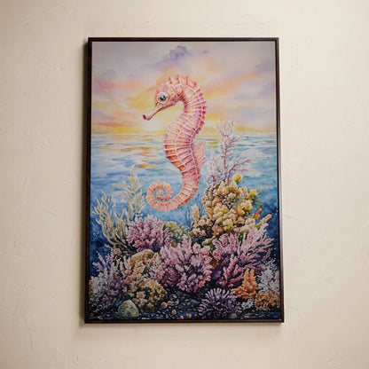 Pink Seahorse and Coral Reef Canvas Wall Art in dark walnut floating frame