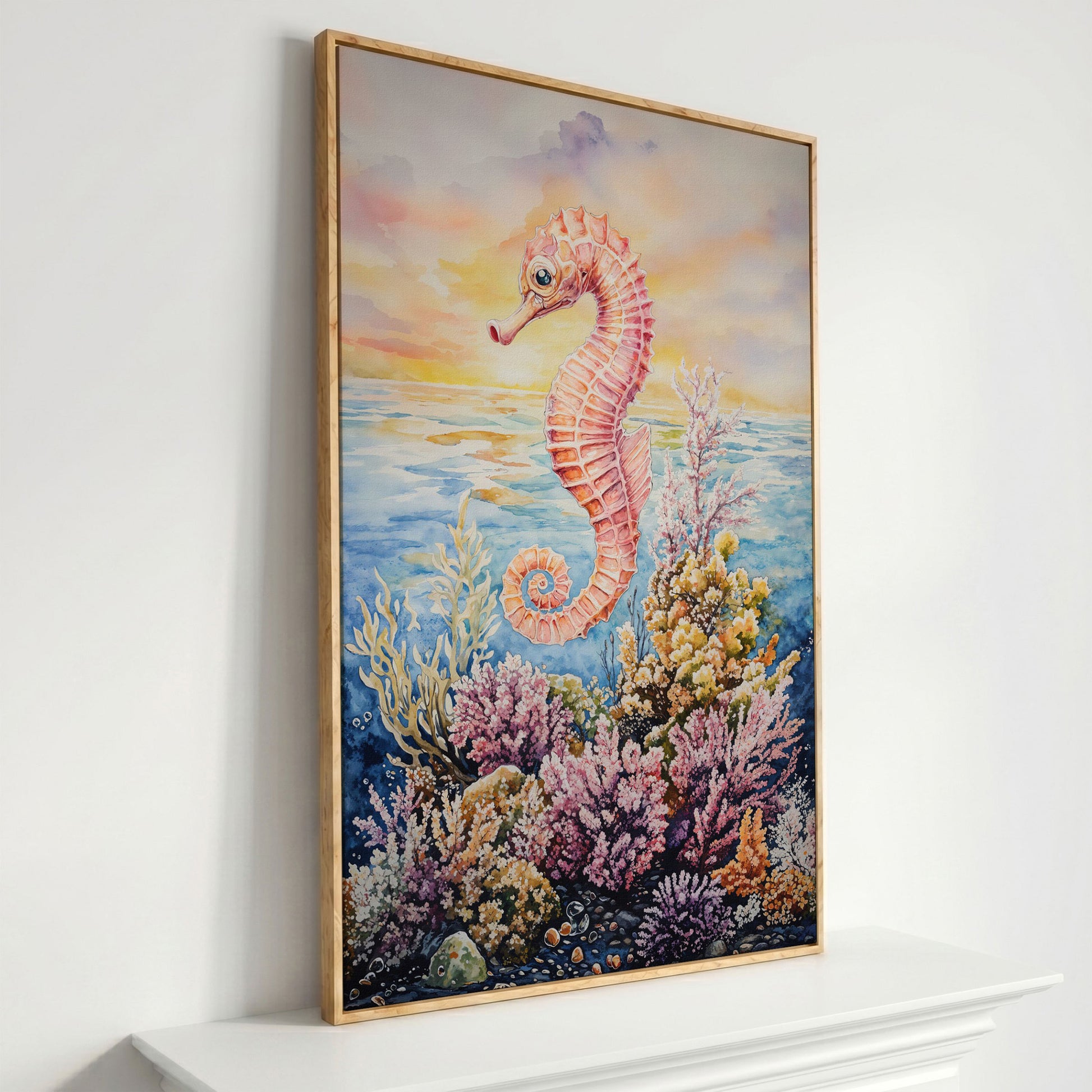 Pink Seahorse and Coral Reef Canvas Wall Art in white oak floating frame