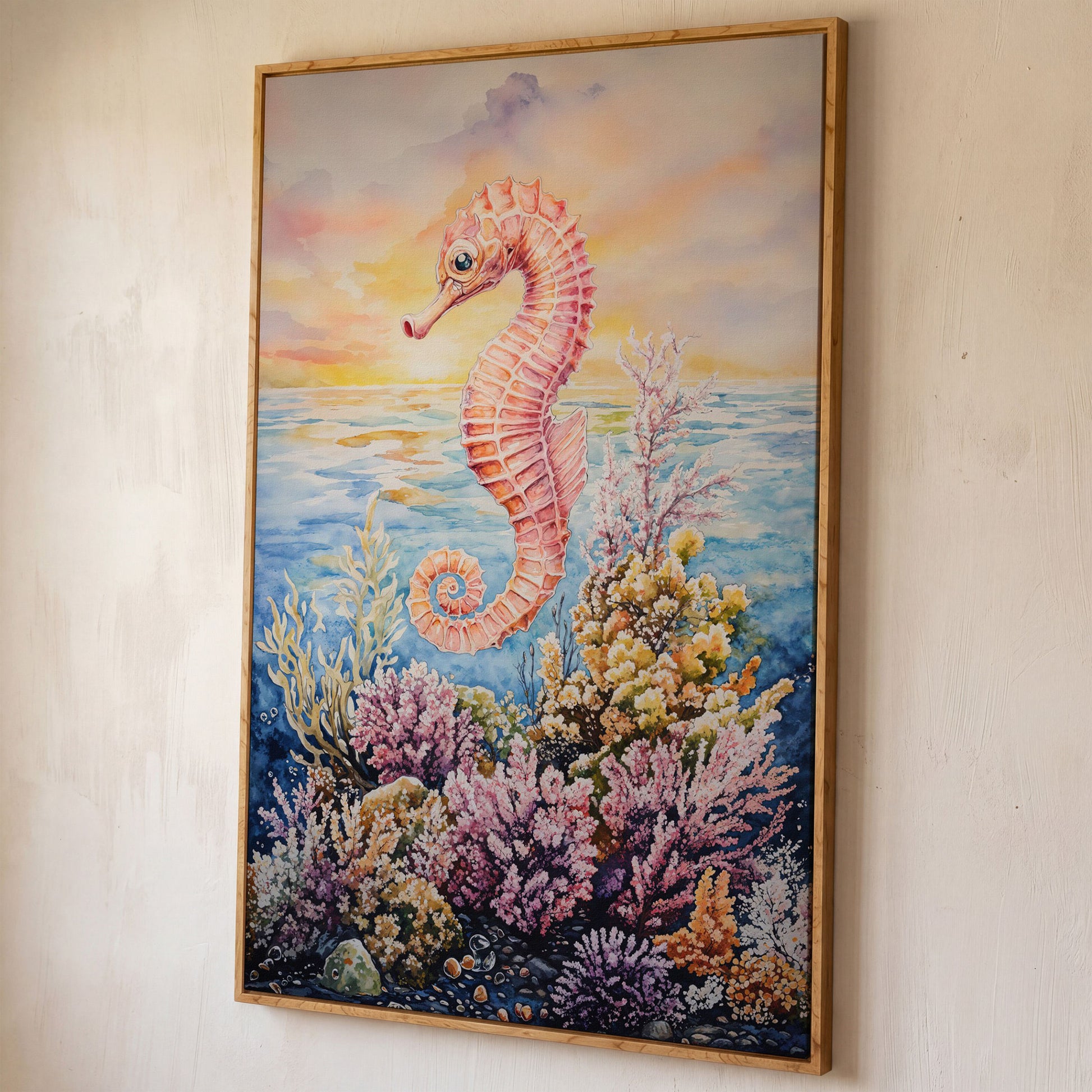 Pink Seahorse and Coral Reef Canvas Wall Art shown in white oak floating frame