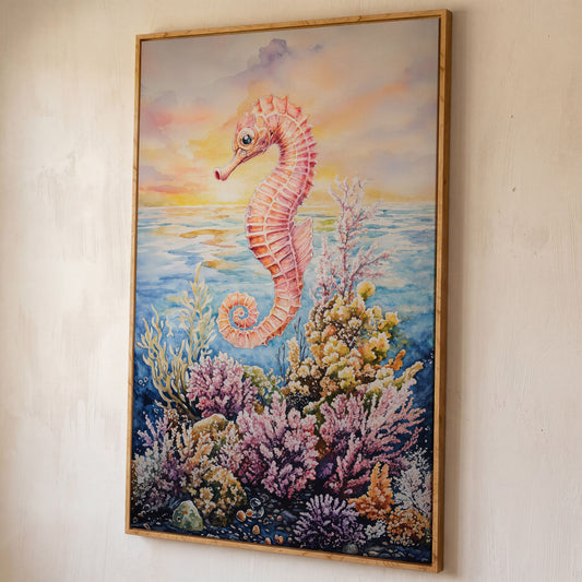 Pink Seahorse and Coral Reef Canvas Wall Art shown in white oak floating frame