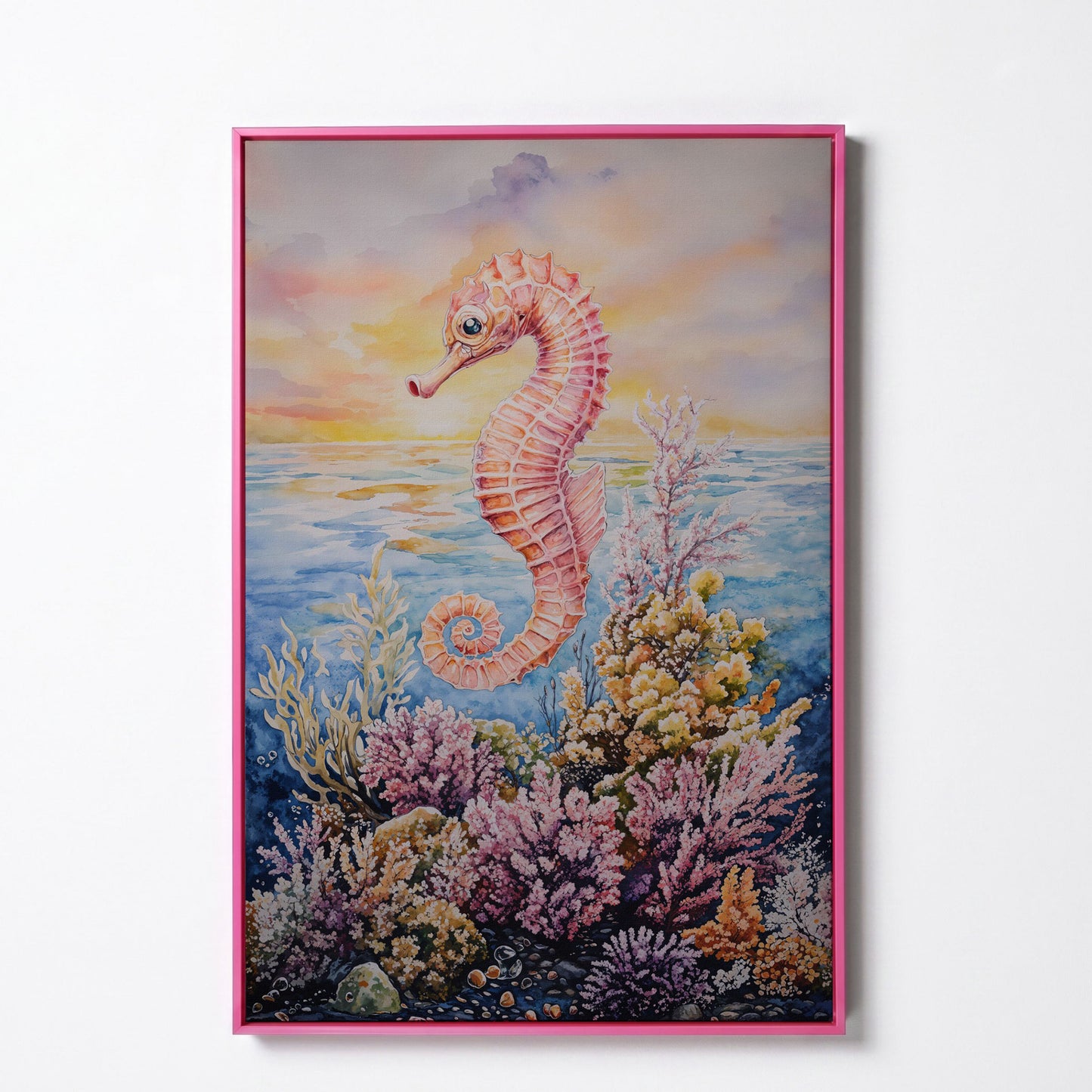 Pink Seahorse and Coral Reef Canvas Wall Art in pink floating frame