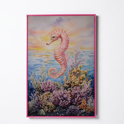 Pink Seahorse and Coral Reef Canvas Wall Art in pink floating frame