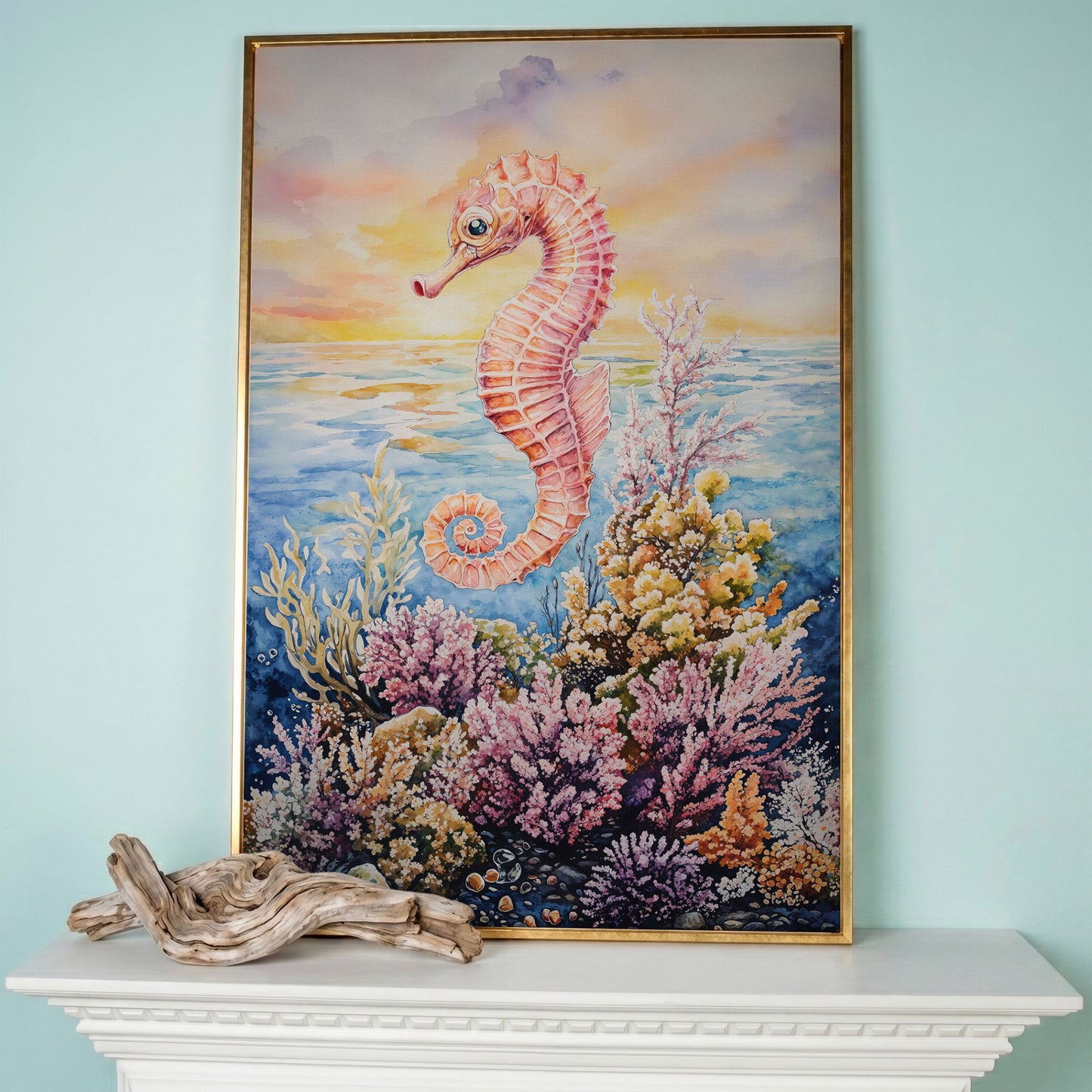 Pink Seahorse and Coral Reef Canvas Wall Art in rose gold floating frame
