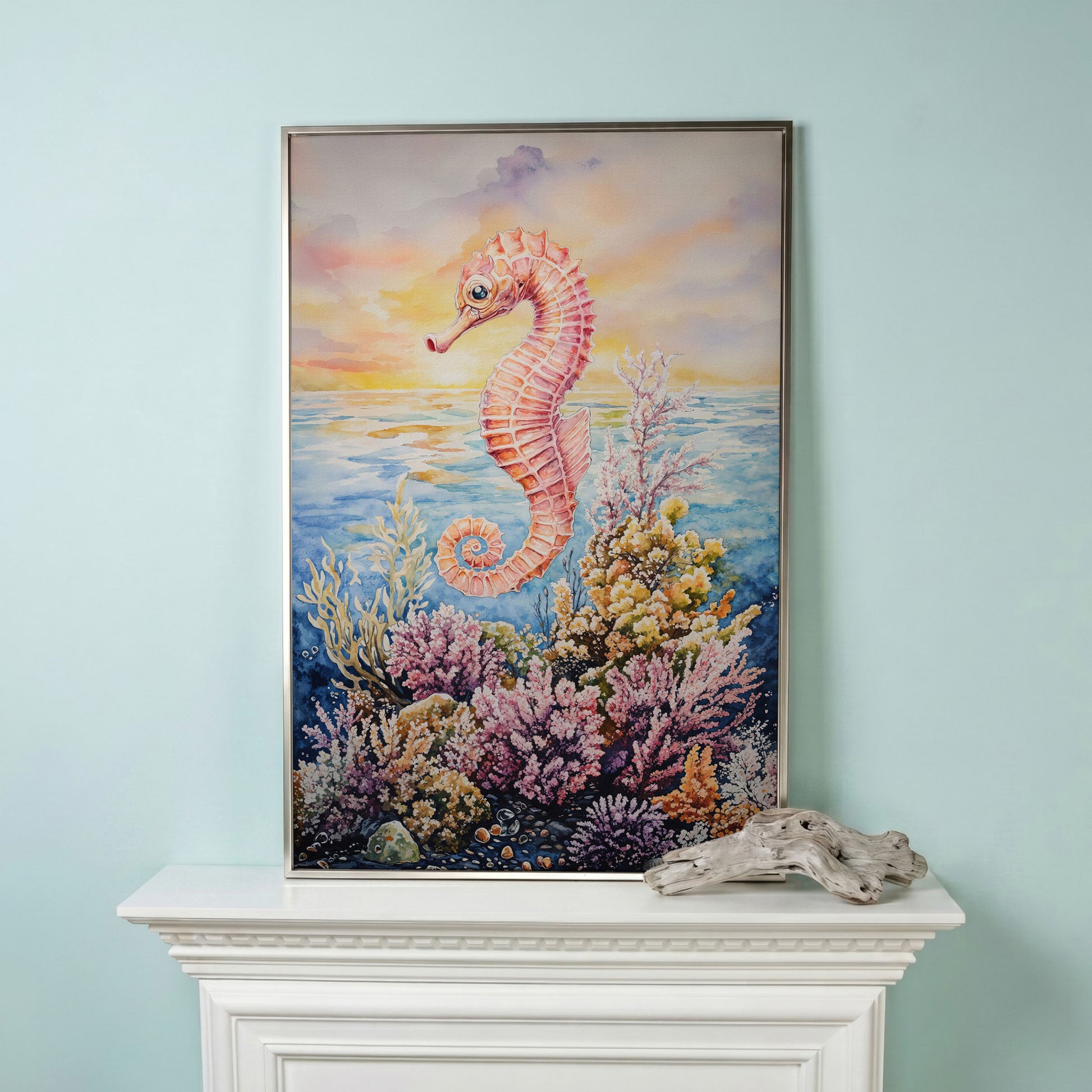 Pink Seahorse and Coral Reef Canvas Wall Art in silver floating frame