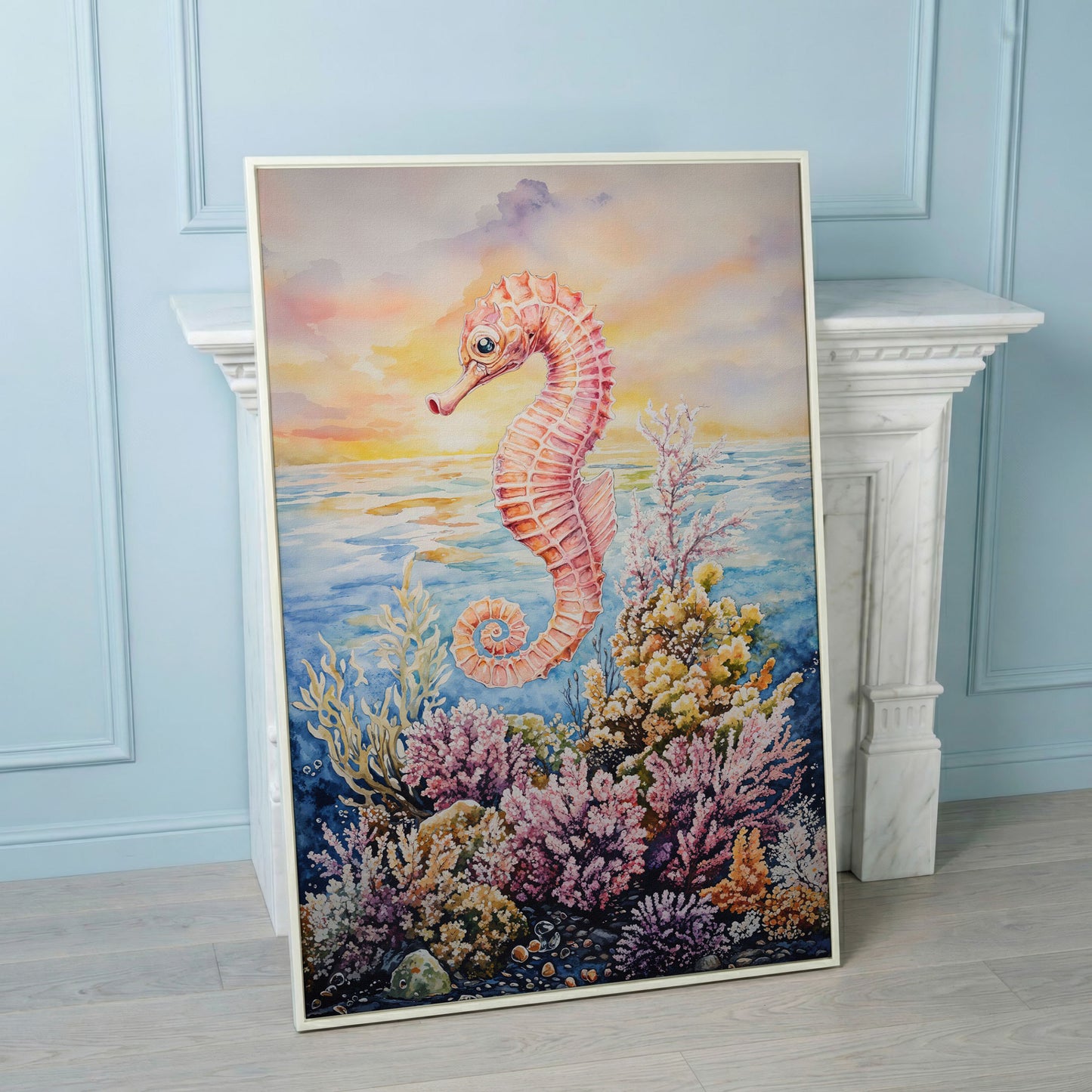 Pink Seahorse and Coral Reef Canvas Wall Art in white floating frame