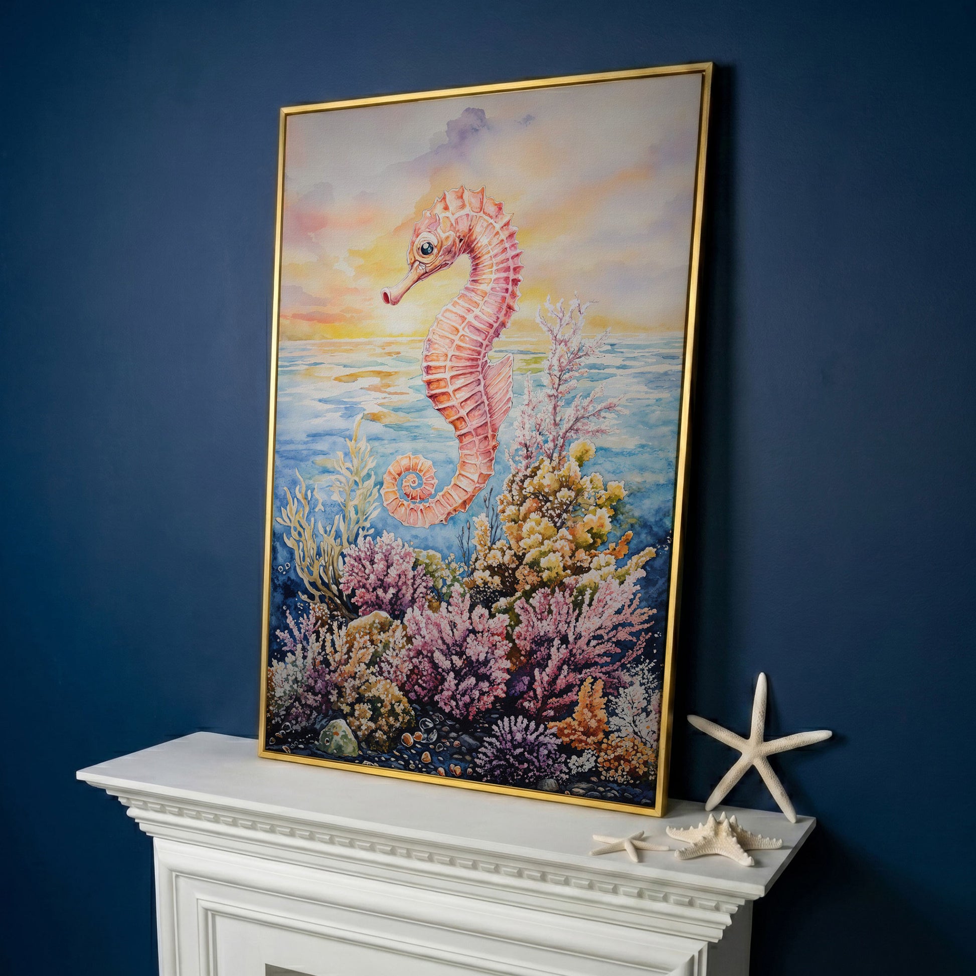 Pink Seahorse and Coral Reef Canvas Wall Art in yellow gold floating frame