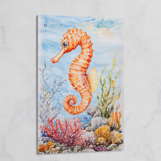 Watercolor Seahorse Canvas Art, Coral Reef Ocean Print on gallery wrap