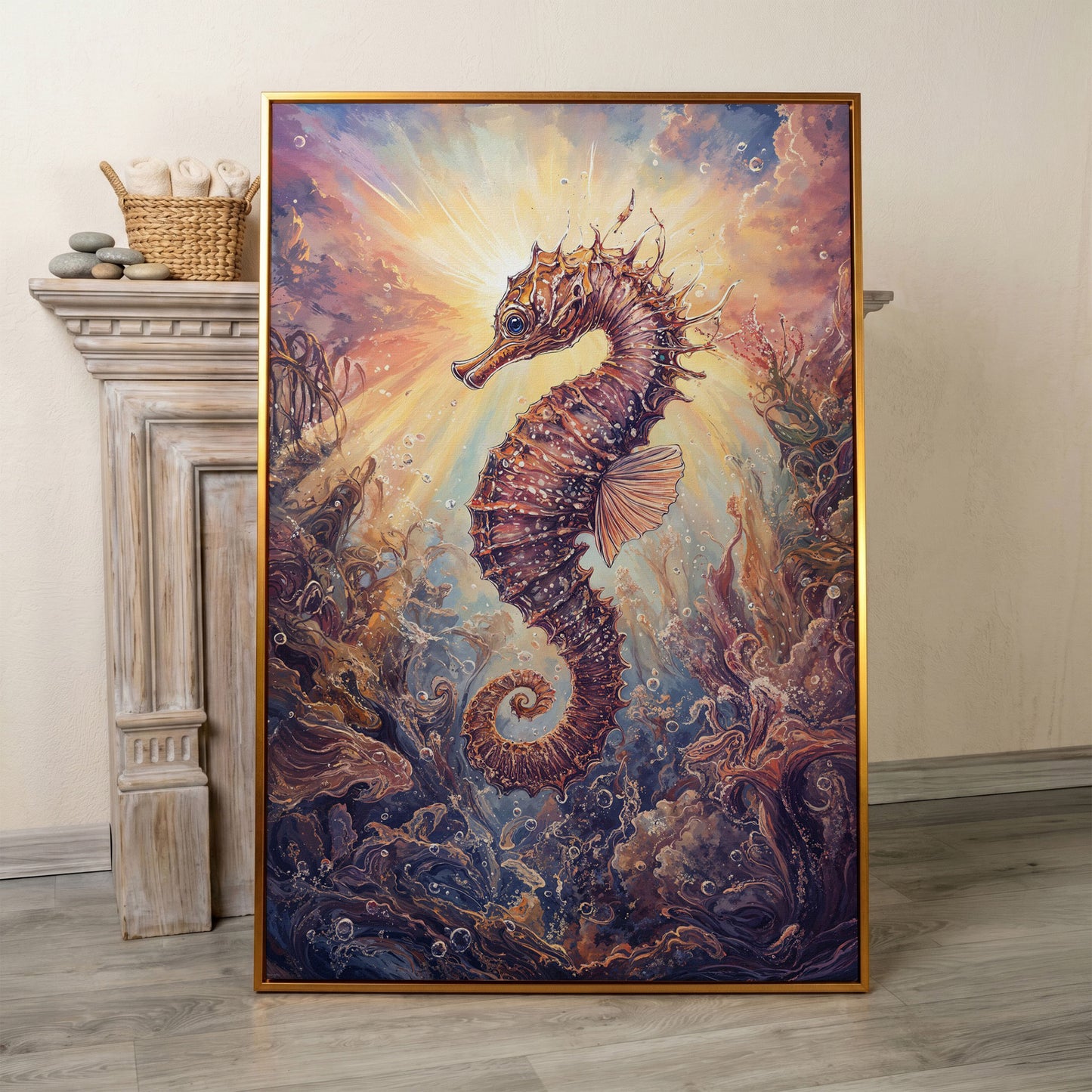 Seahorse Canvas Wall Art. Coral and Light Underwater Scene in antique gold floating frame