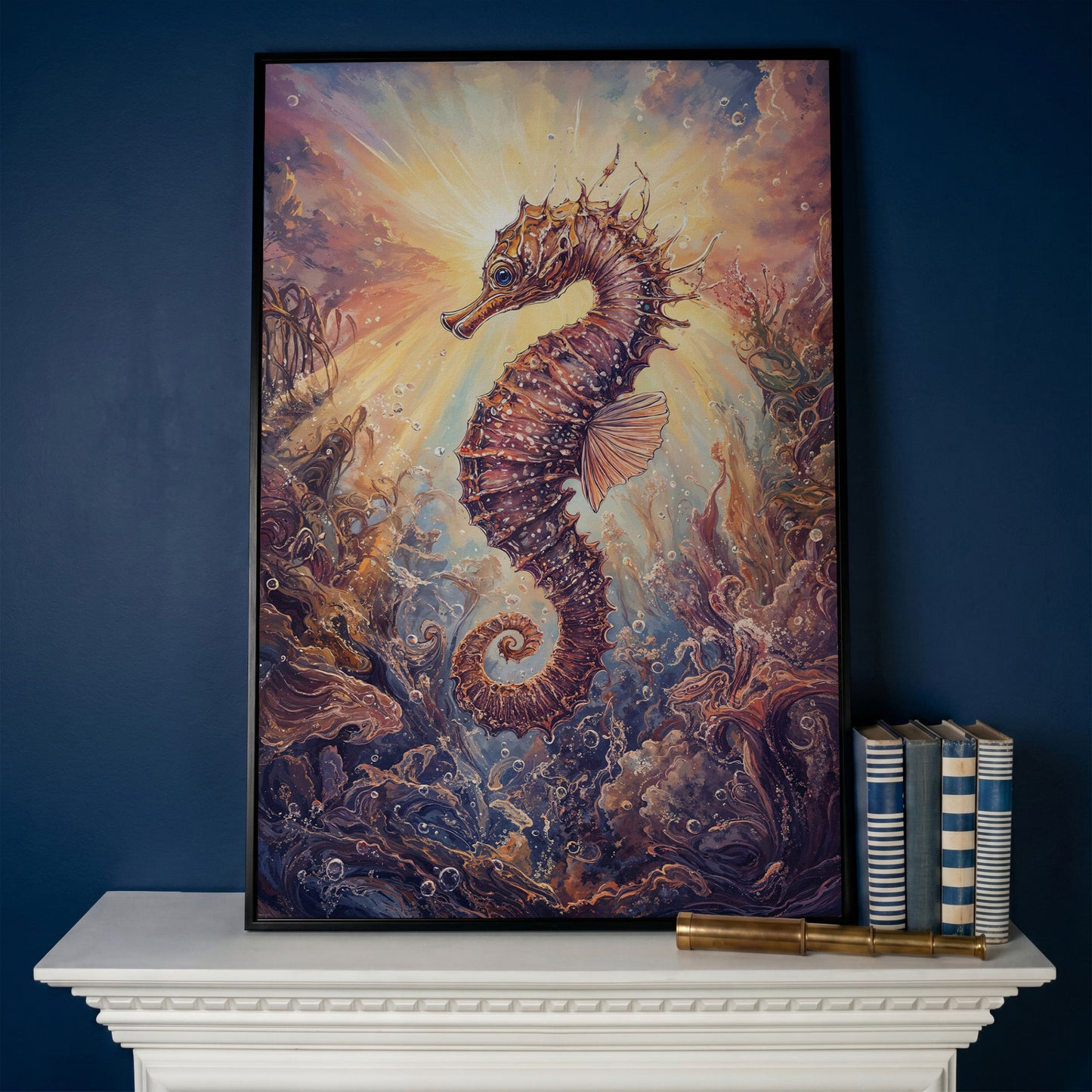 Seahorse Canvas Wall Art. Coral and Light Underwater Scene in black floating frame