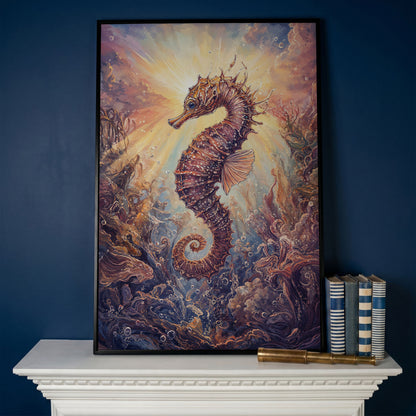 Seahorse Canvas Wall Art. Coral and Light Underwater Scene in black floating frame