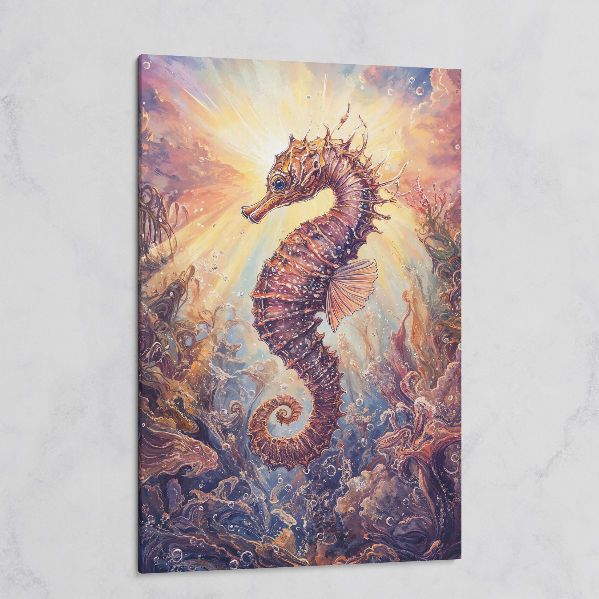 Seahorse Canvas Wall Art. Coral and Light Underwater Scene on gallery wrap