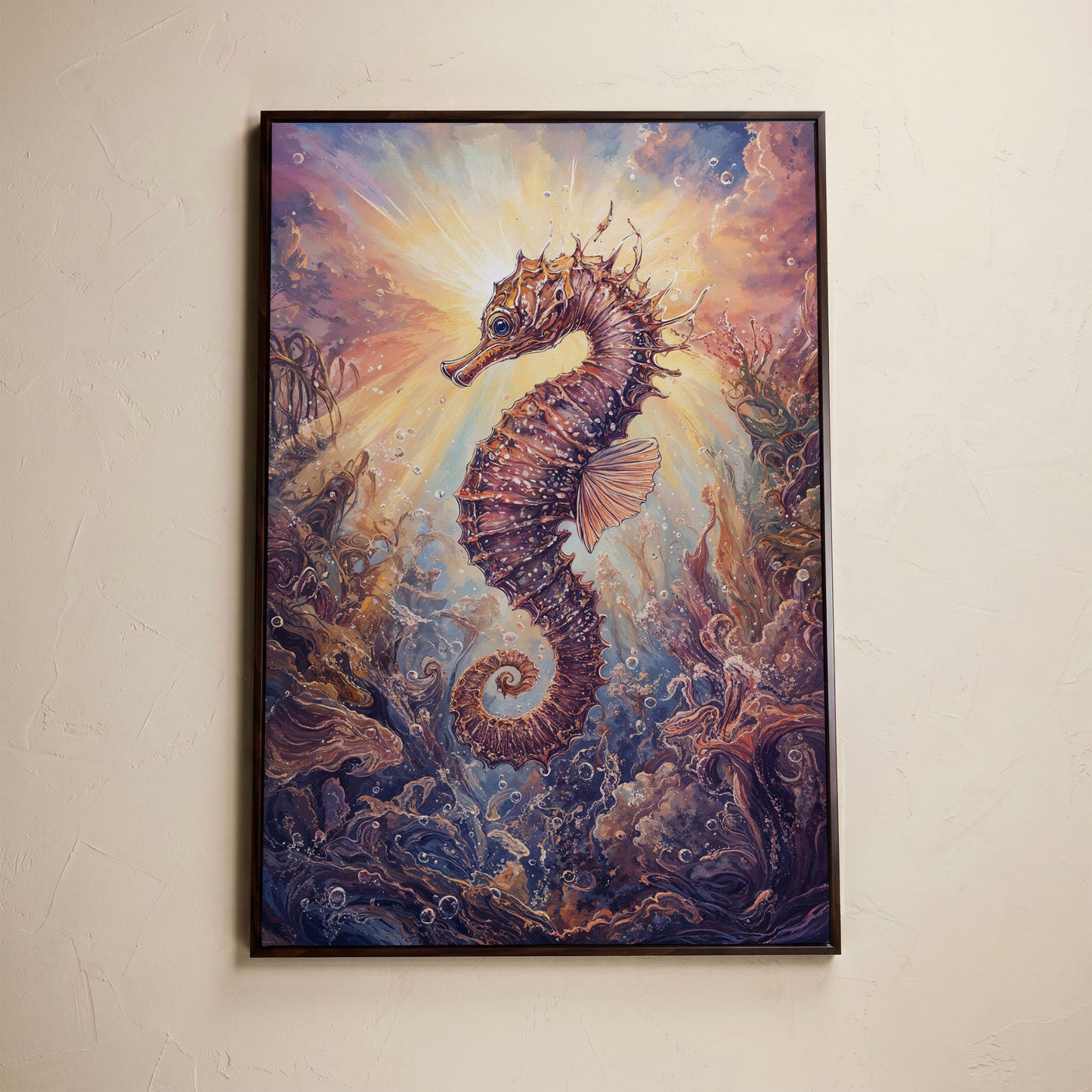 Seahorse Canvas Wall Art. Coral and Light Underwater Scene in dark walnut floating frame