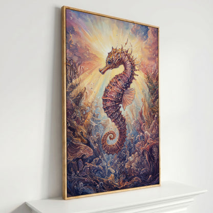 Seahorse Canvas Wall Art. Coral and Light Underwater Scene in white oak floating frame