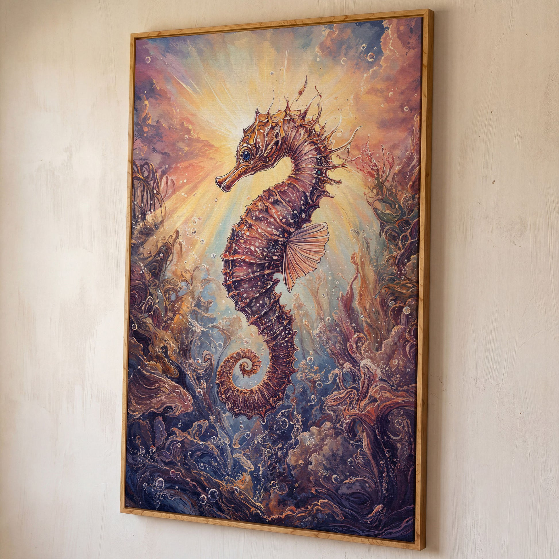 Seahorse Canvas Wall Art. Coral and Light Underwater Scene shown in white oak floating frame