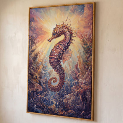 Seahorse Canvas Wall Art. Coral and Light Underwater Scene shown in white oak floating frame
