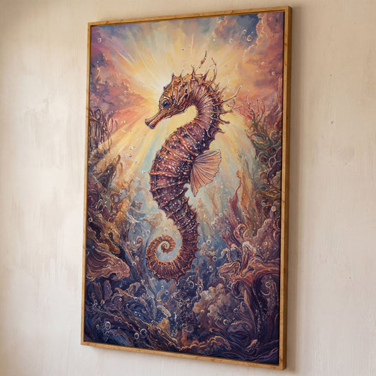 Seahorse Canvas Wall Art. Coral and Light Underwater Scene shown in white oak floating frame