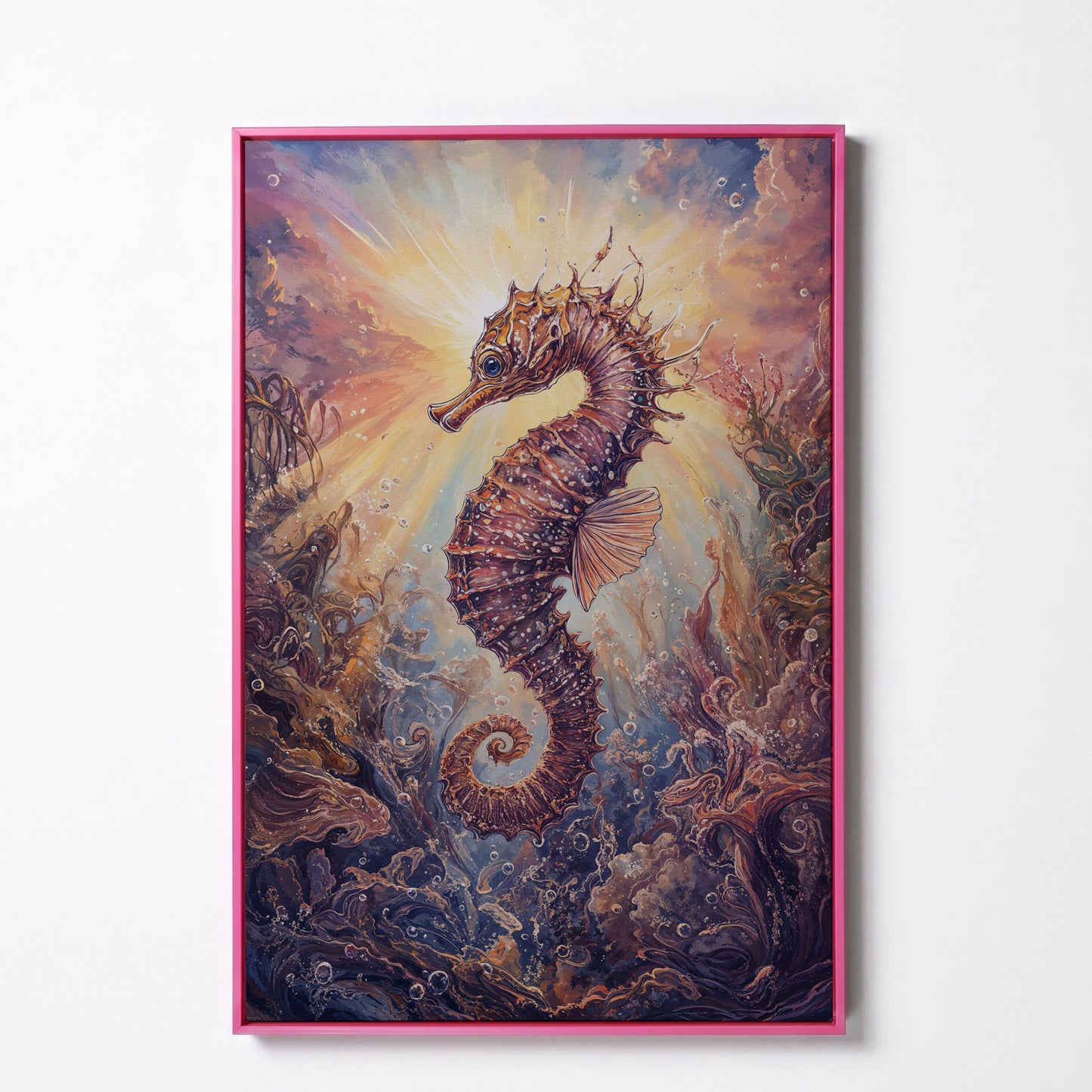 Seahorse Canvas Wall Art. Coral and Light Underwater Scene in pink floating frame