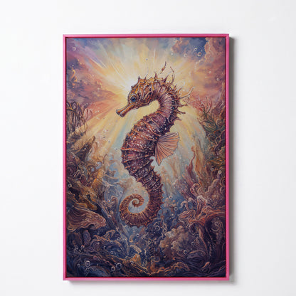 Seahorse Canvas Wall Art. Coral and Light Underwater Scene in pink floating frame