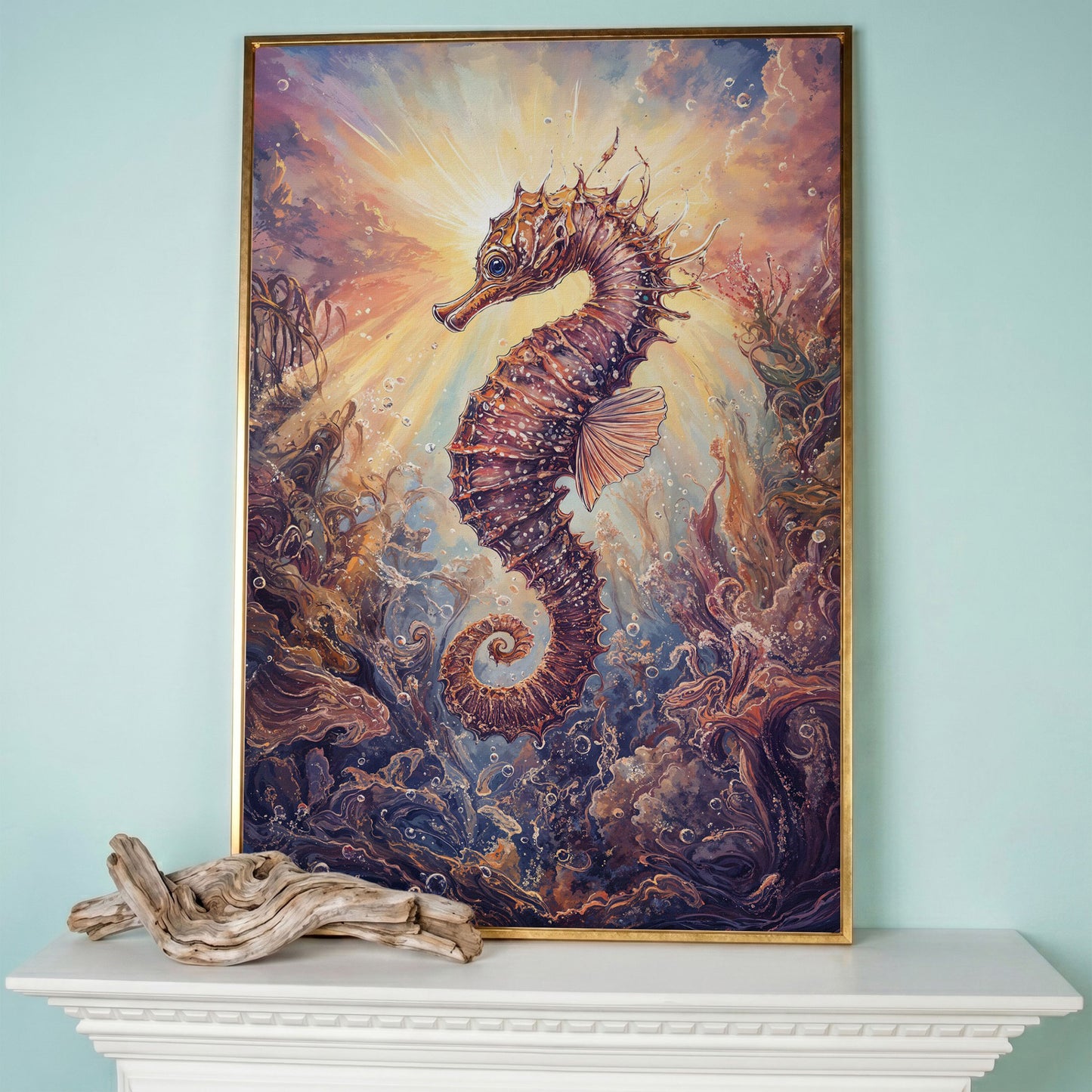 Seahorse Canvas Wall Art. Coral and Light Underwater Scene in rose gold floating frame