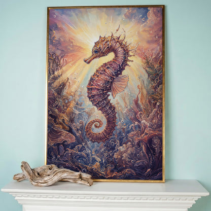 Seahorse Canvas Wall Art. Coral and Light Underwater Scene in rose gold floating frame