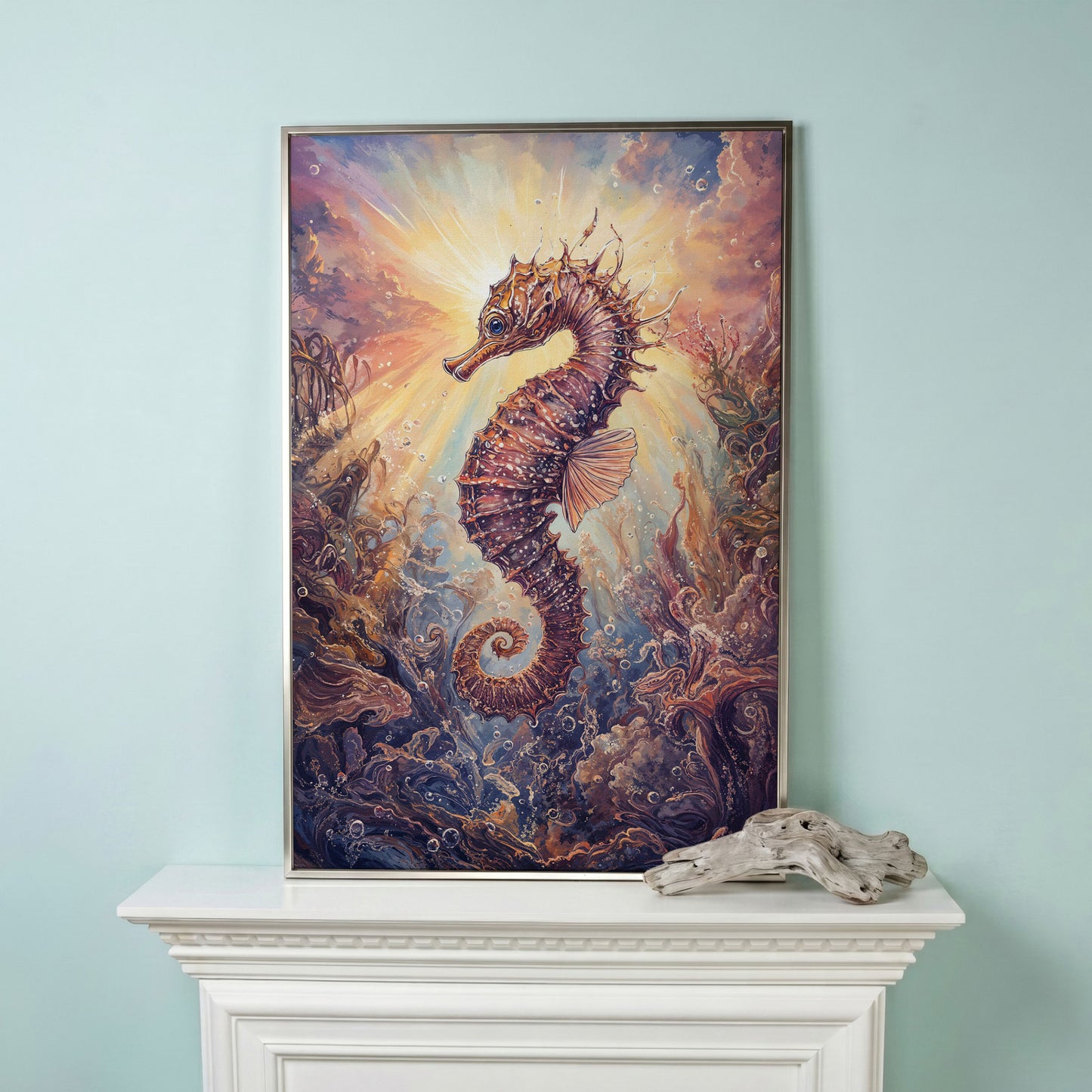 Seahorse Canvas Wall Art. Coral and Light Underwater Scene in silver floating frame