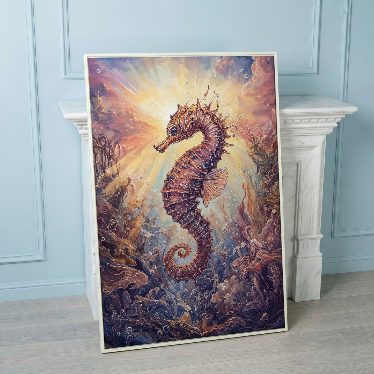 Seahorse Canvas Wall Art. Coral and Light Underwater Scene in white floating frame